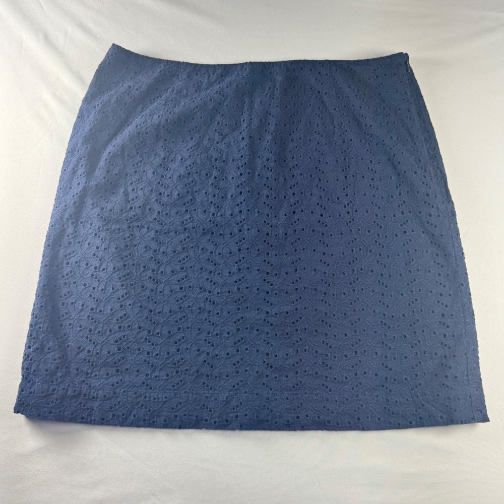 LL Bean Favorite Fit Navy Blue Eyelet Cotton A-Line Mini Skirt Womens 12 Reg